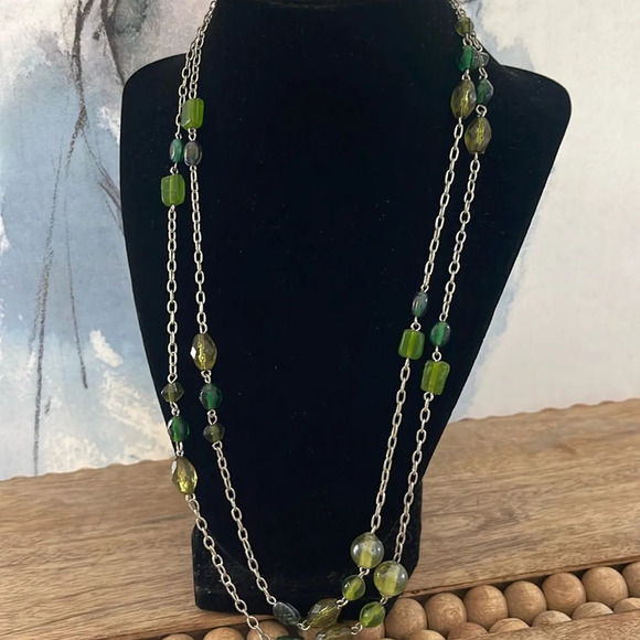 Beaded long necklace glass green silver link chain boho casual - Picture 1 of 11